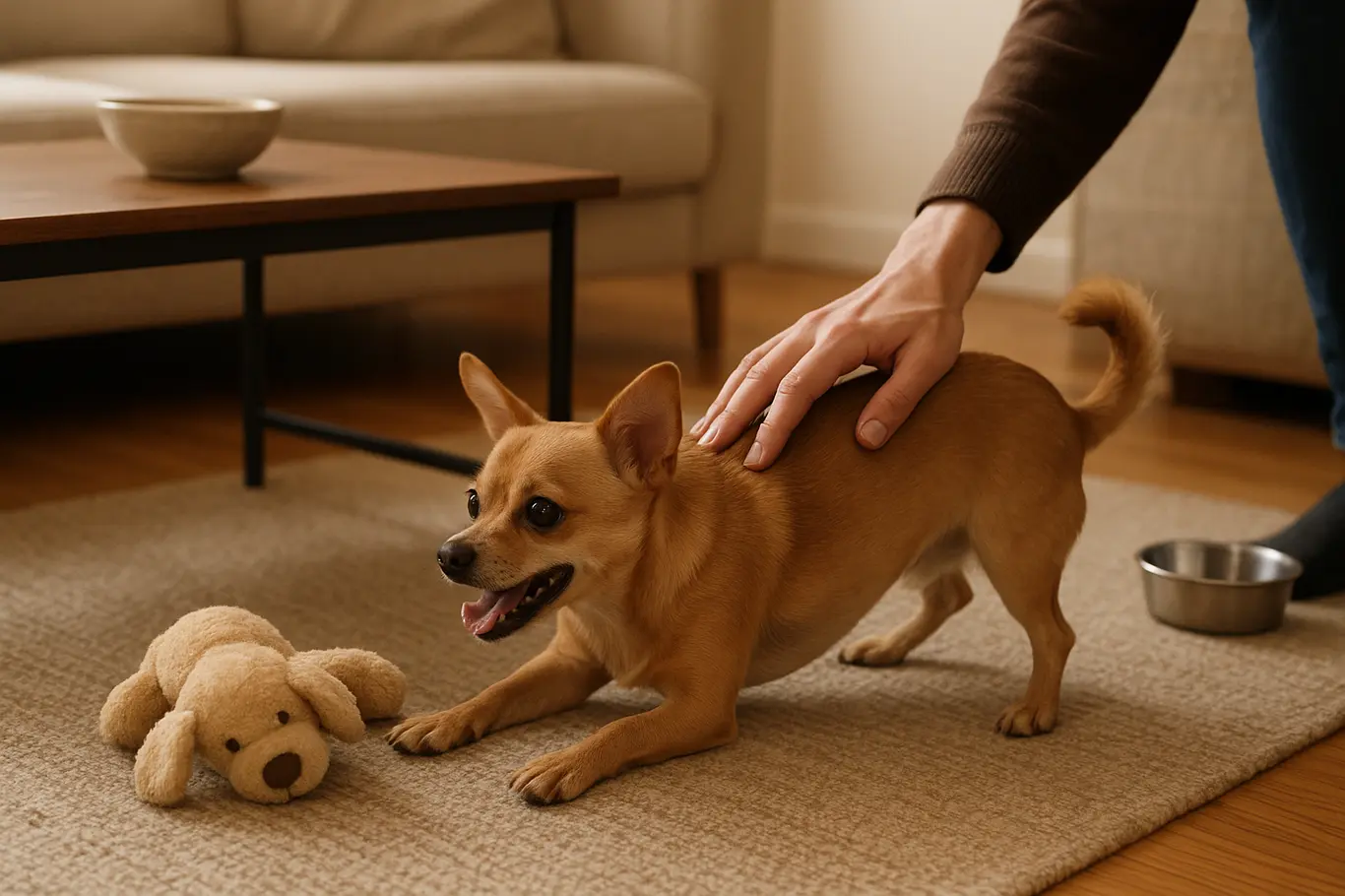 Cachorro pequeno brincando na sala de apartamento enquanto mãos acariciam seu dorso, cena de rotina