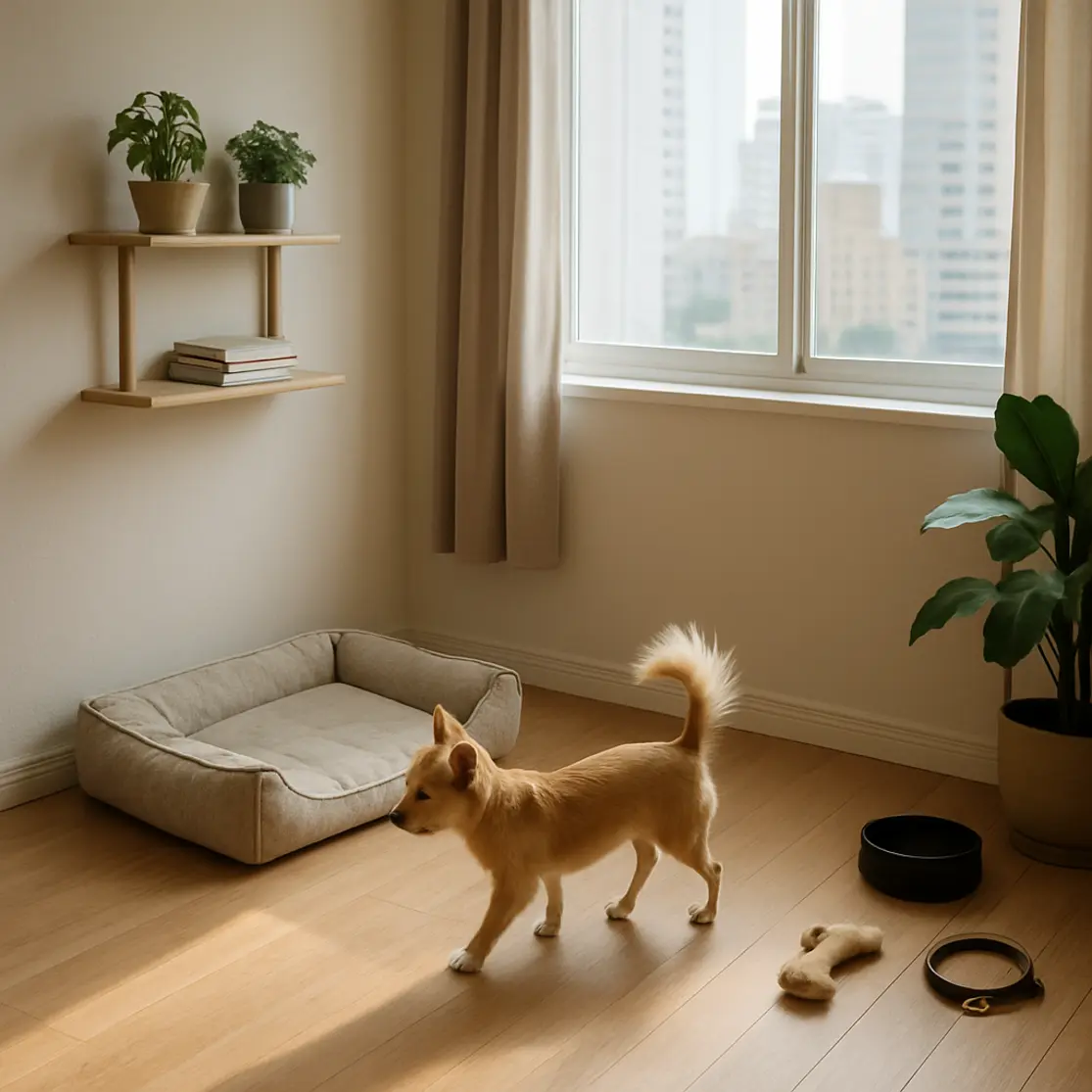 Sala de apartamento organizada para cachorro pequeno, cama canina, comedouro e brinquedos, cão explorando o espaço