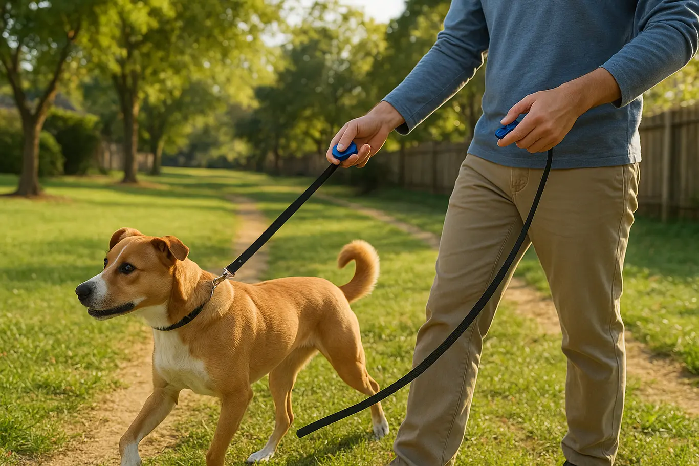 Tutor conduz cachorro na guia em caminho gramado durante treino para necessidades fora