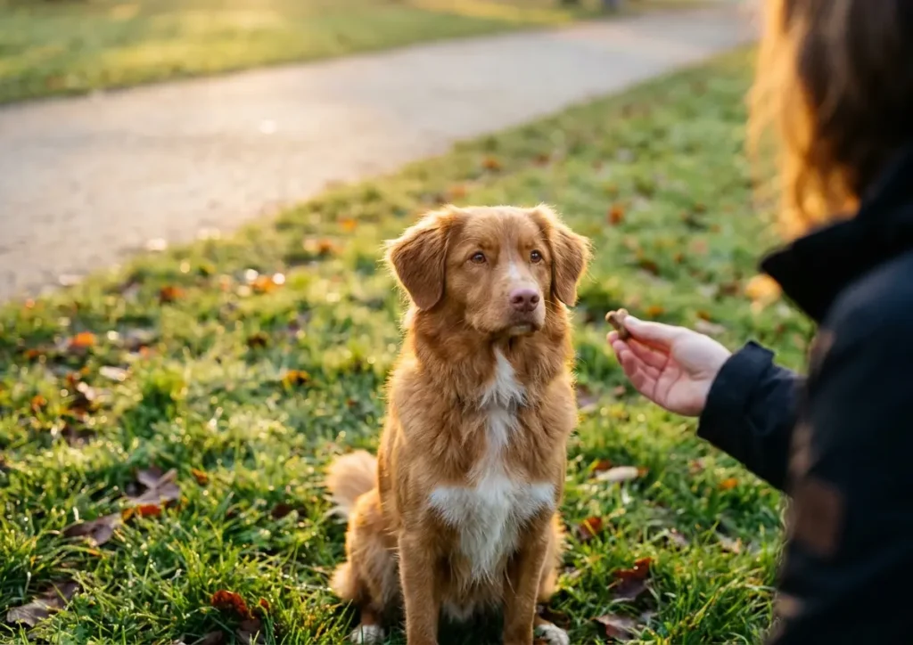 Cachorro atento sentado no parque sendo treinado para fazer necessidades fora