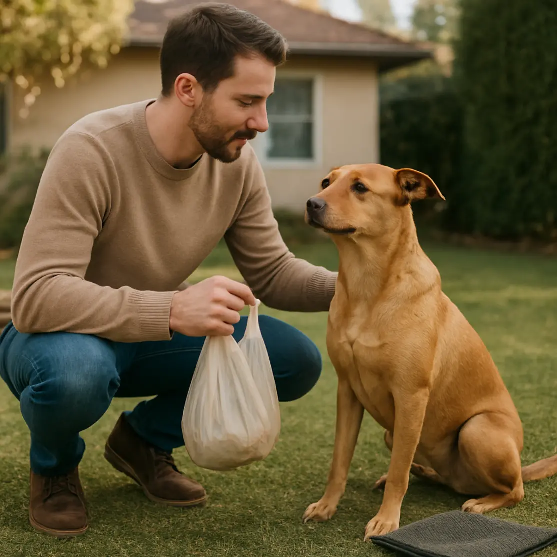 Tutor elogiando cachorro no quintal após ele fazer necessidades fora