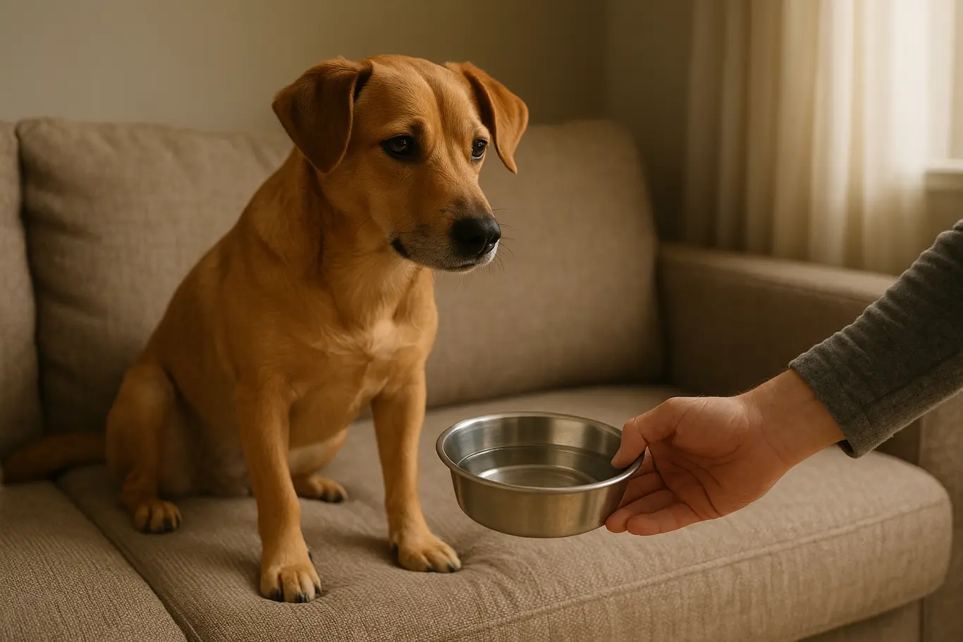 Cachorro sentado no sofá enquanto mão oferece tigela de água, cena em ângulo lateral.