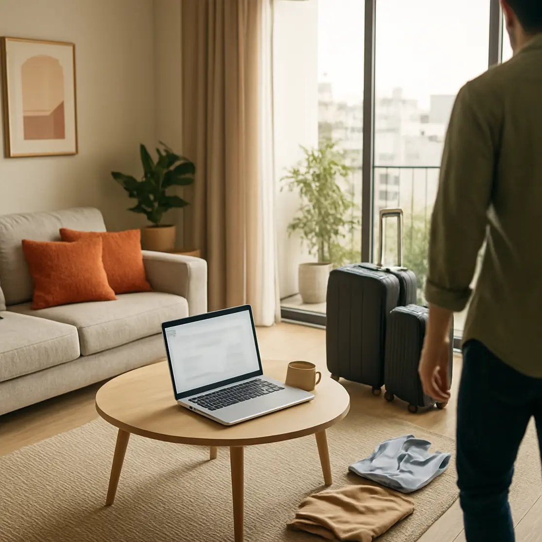 Sala de estar decorada com laptop aberto na mesa e malas ao fundo, visão ampla do imóvel pronto para anúncio