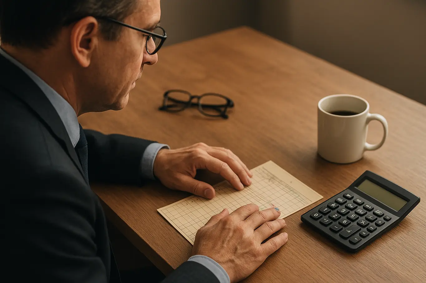 Profissional em 3/4 revisando cartão de ponto e calculadora em mesa de escritório