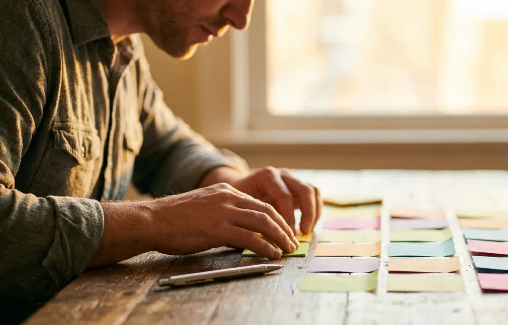 Como calcular dias trabalhados e evitar erros no seu contracheque Mãos organizando post-its coloridos em grade que sugere calendário, close-up editorial