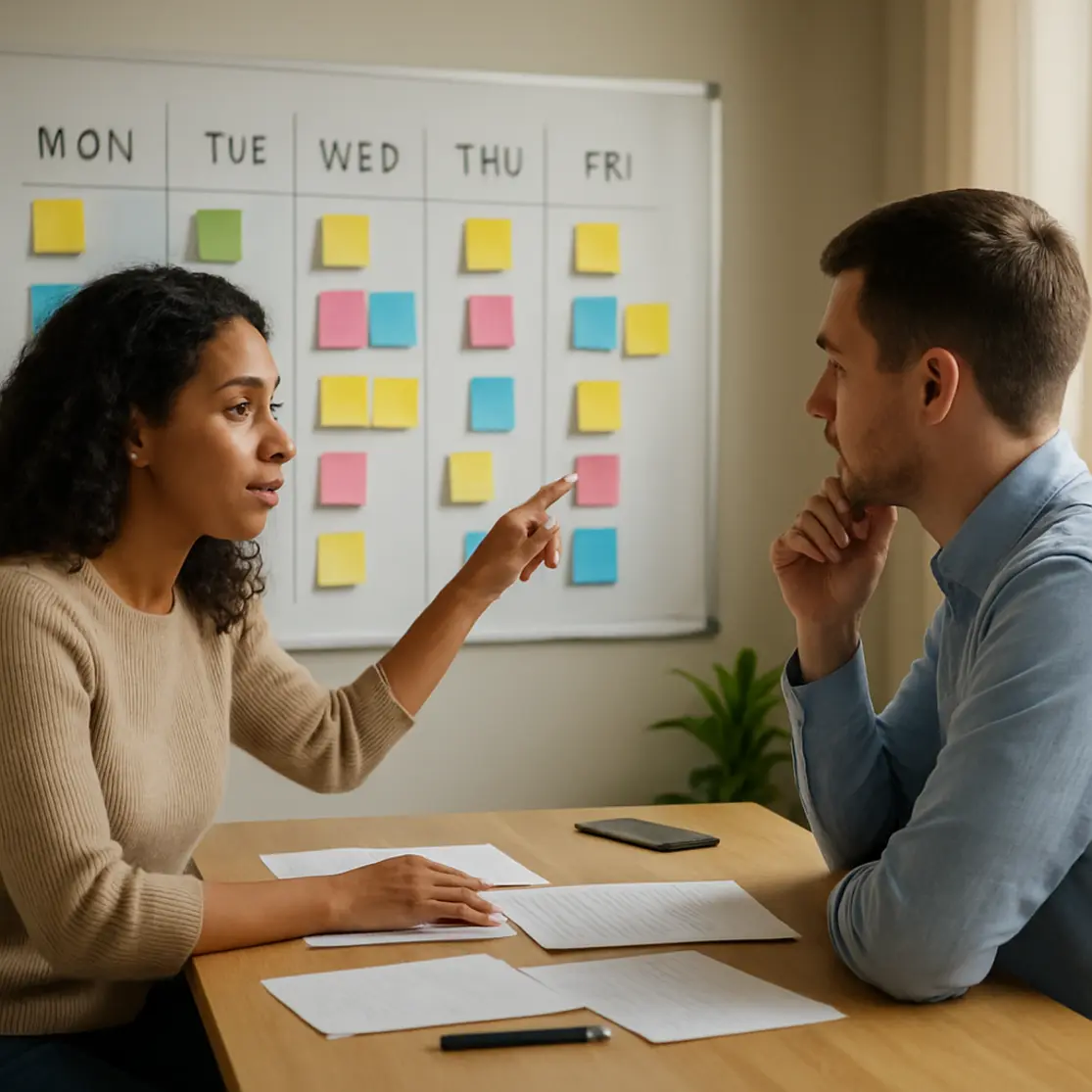 Cena ambiental de RH com painel de post-its e duas pessoas em perfil discutindo dias trabalhados