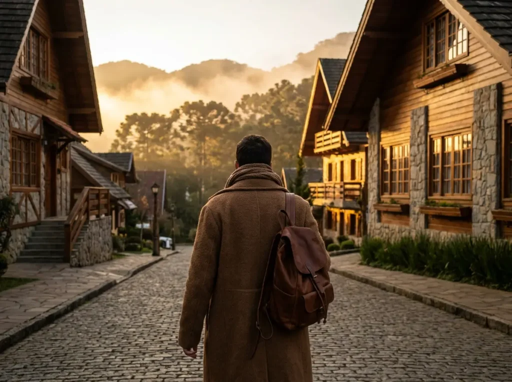 Pessoa de 3/4 caminhando por rua de chalés alpinos em Campos do Jordão ao entardecer.