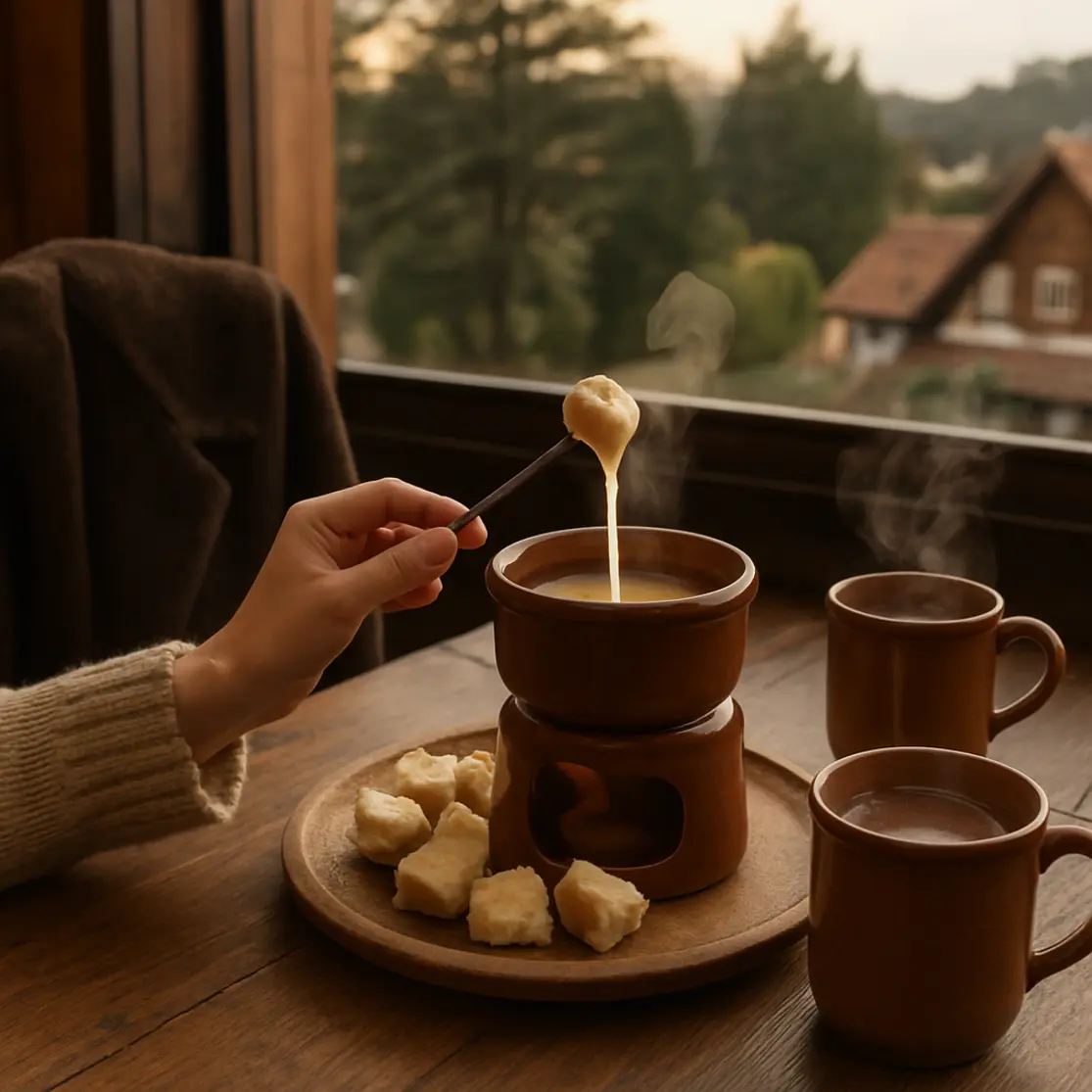 Mesa de café com fondue e chocolate quente, vista para pinheiros e casas alpinas.