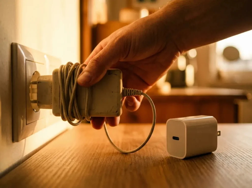 Mão retirando um carregador de parede antigo de uma tomada, com um carregador moderno ao lado