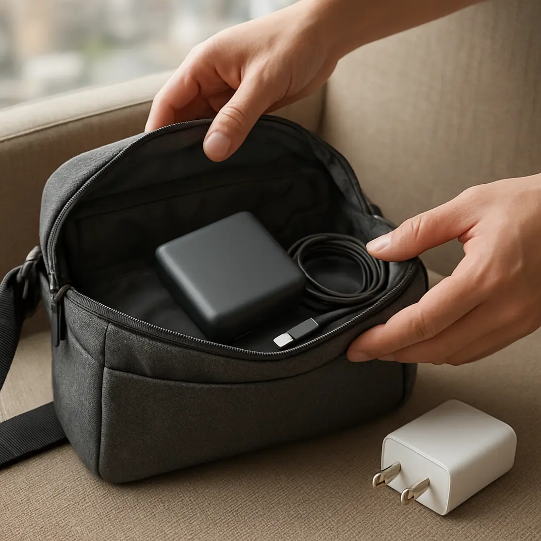 Bolsa aberta com power bank compacto e cabo USB-C, carregador de parede antigo ao lado