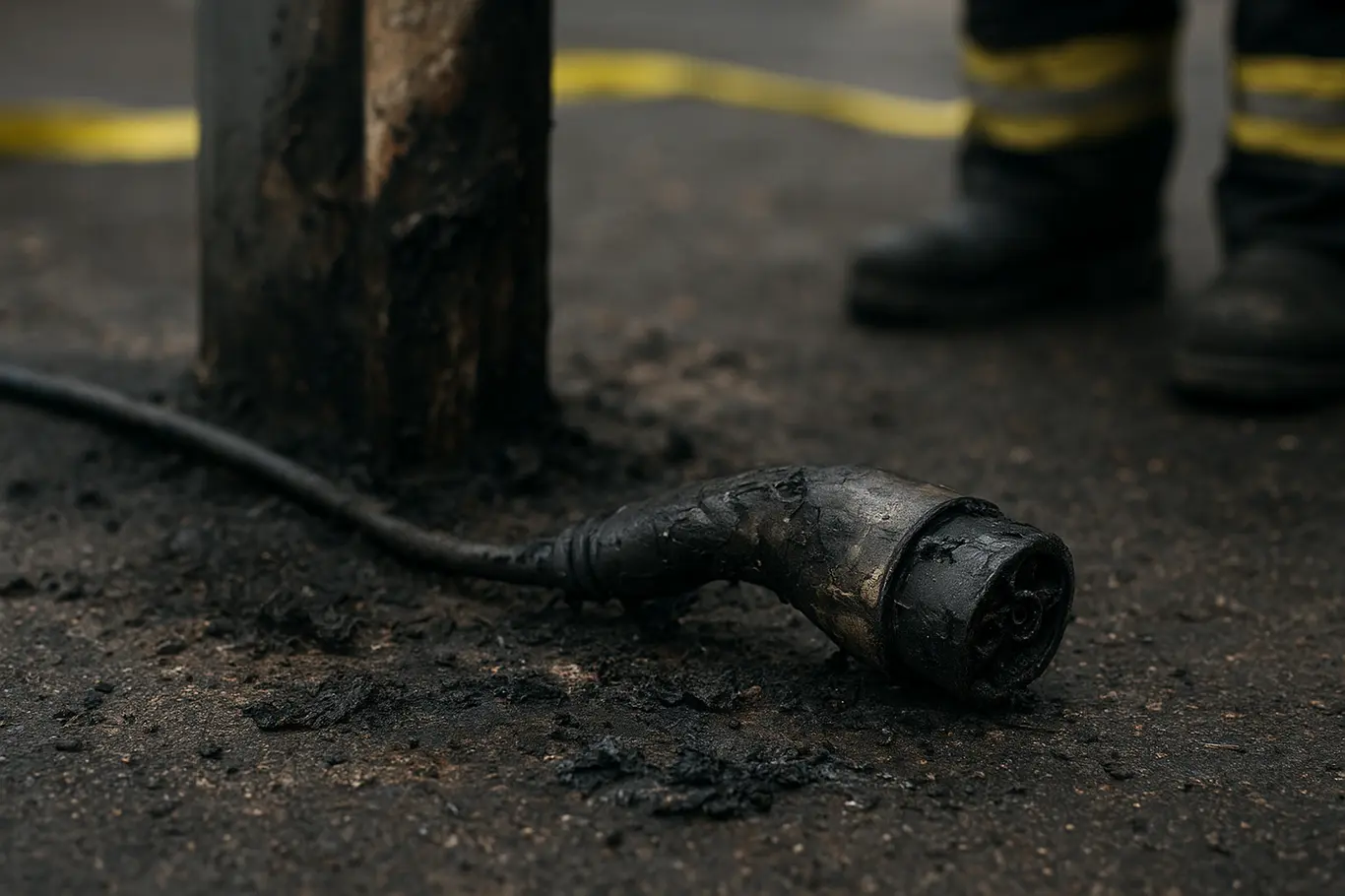 Detalhe de cabo de carregamento queimado e plug carbonizado no asfalto.