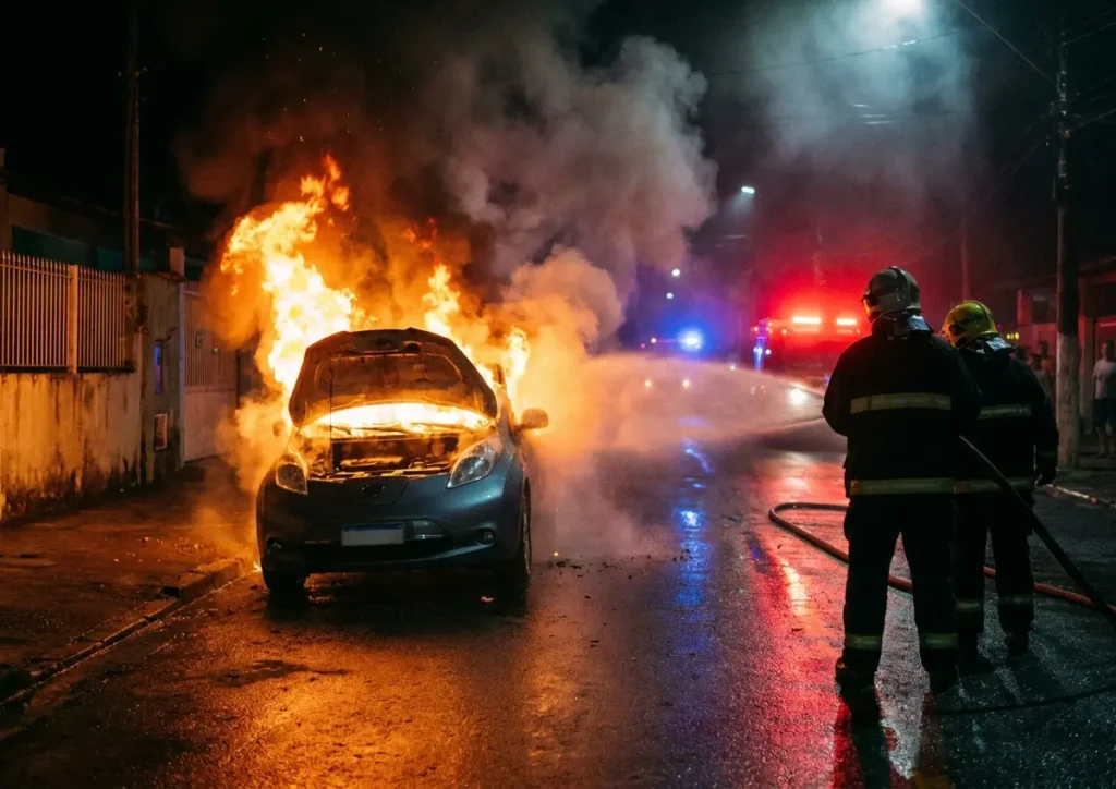 Carro elétrico em chamas na madrugada em rua de São Sebastião, bombeiros ao fundo.