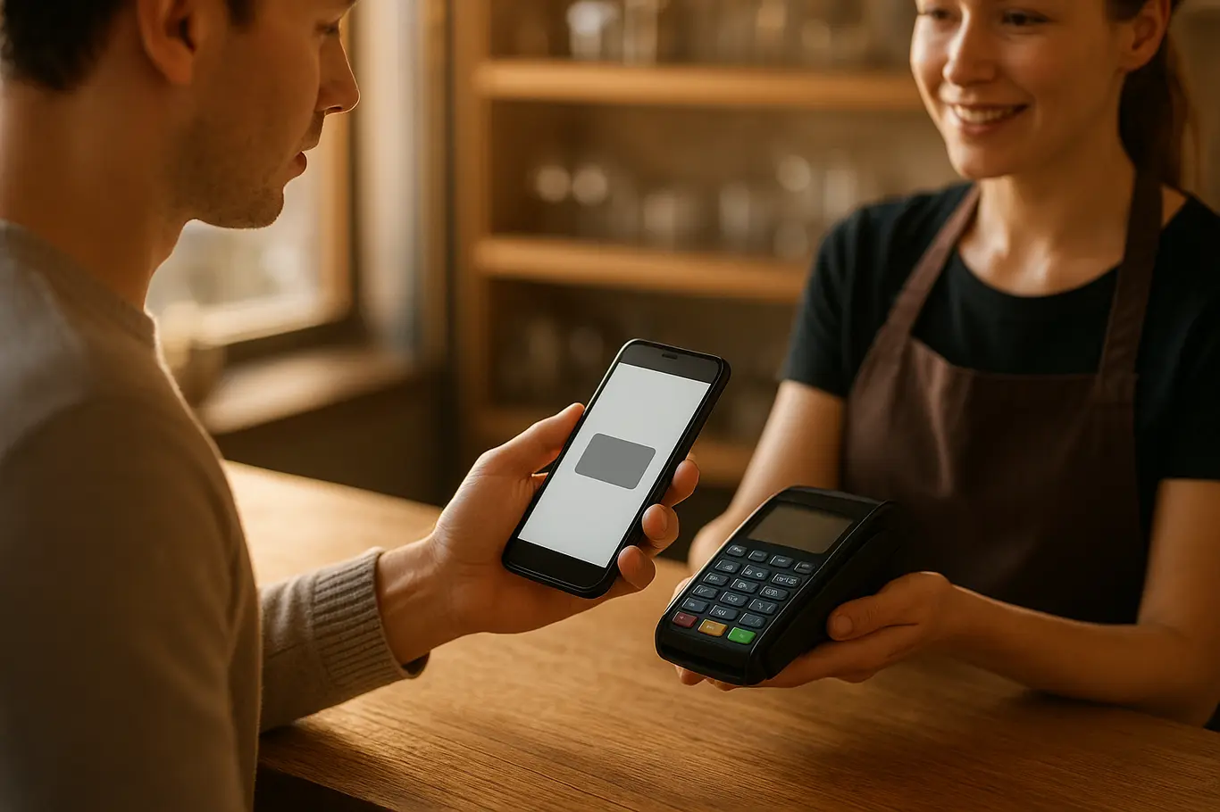 Cliente pagando com cartão virtual na maquininha em cafeteria