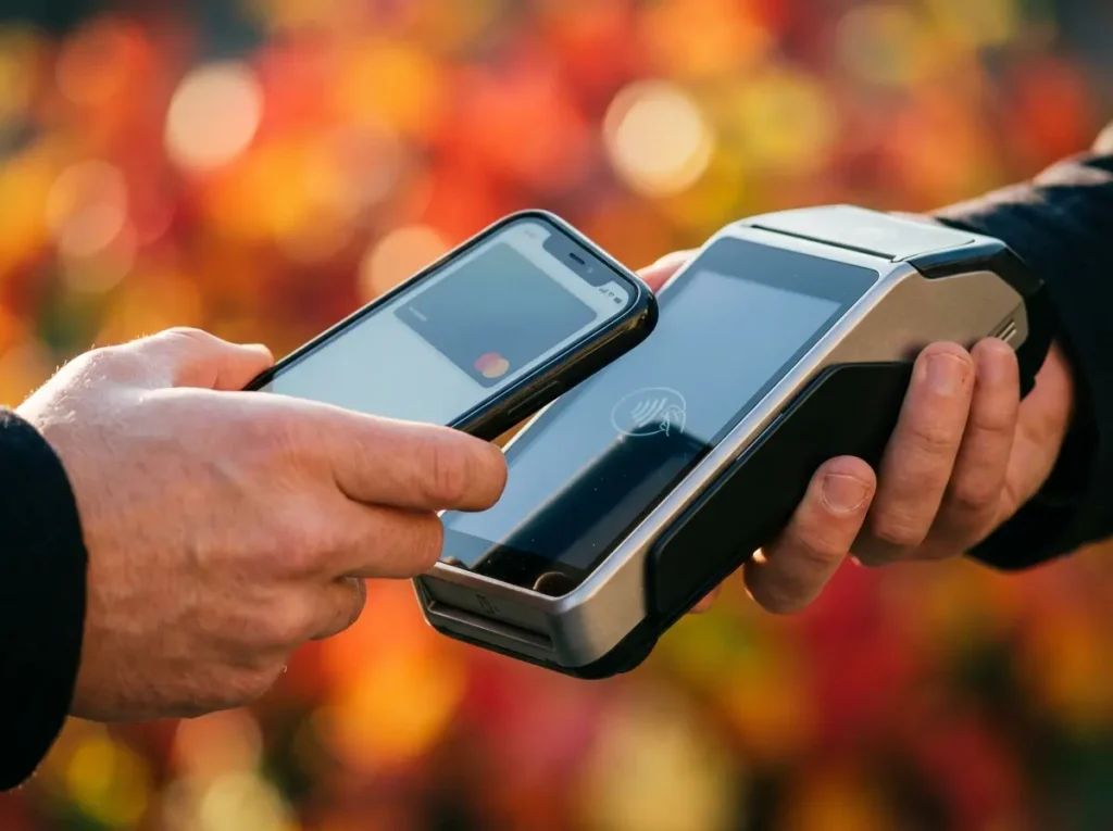 Como pagar com cartão virtual na maquininha sem perder a compra Close-up de smartphone com cartão virtual perto de maquininha