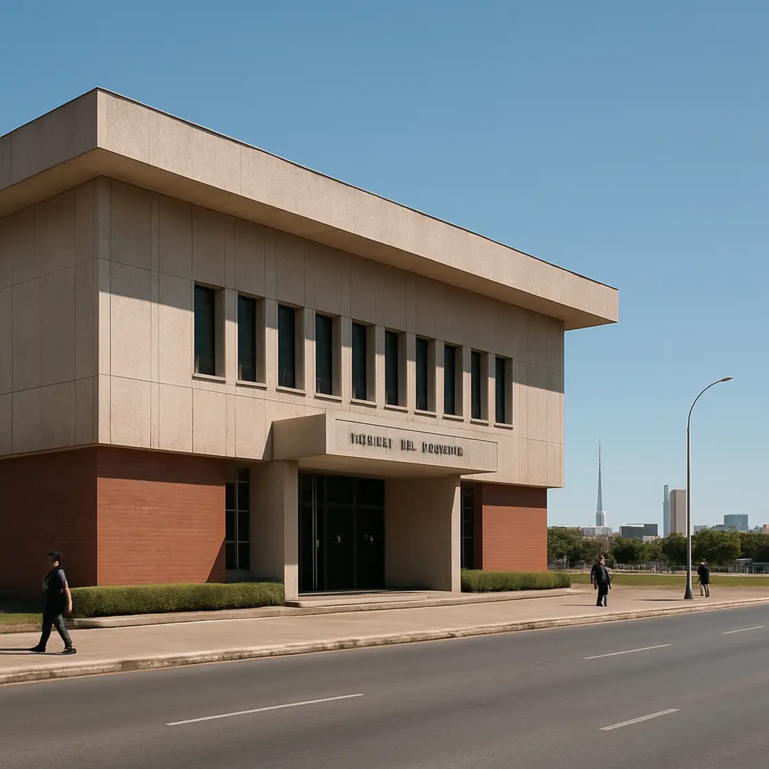 Fachada de cartório em Brasília em dia de feriado, vista ampla com poucos transeuntes e horizonte da cidade