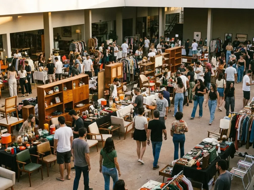Feira Casa Vintage no Casapark com público circulando entre barracas de móveis e objetos retrô