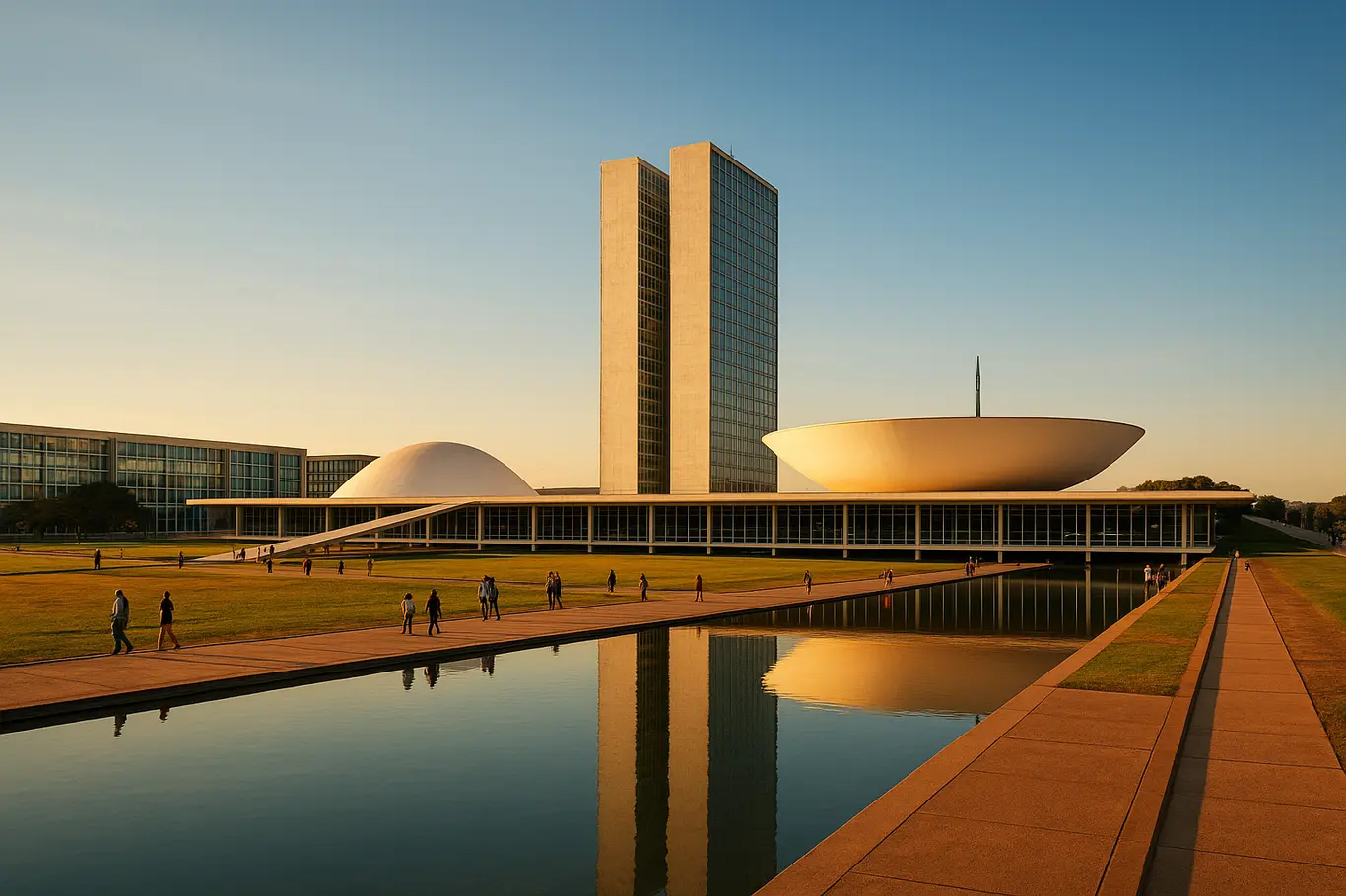 Esplanada dos Ministérios com o Congresso Nacional e espelho d'água ao fim da tarde