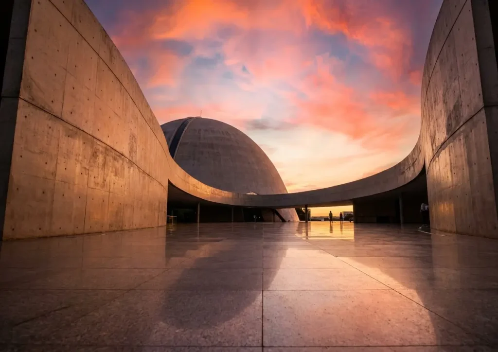 Catedral Metropolitana de Brasília vista em ângulo baixo ao pôr do sol com iluminação quente