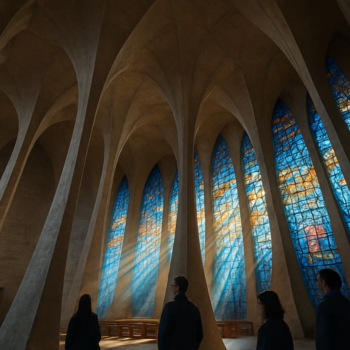 Interior da Catedral Metropolitana mostrando colunas parabólicas e vitrais coloridos com feixes de luz