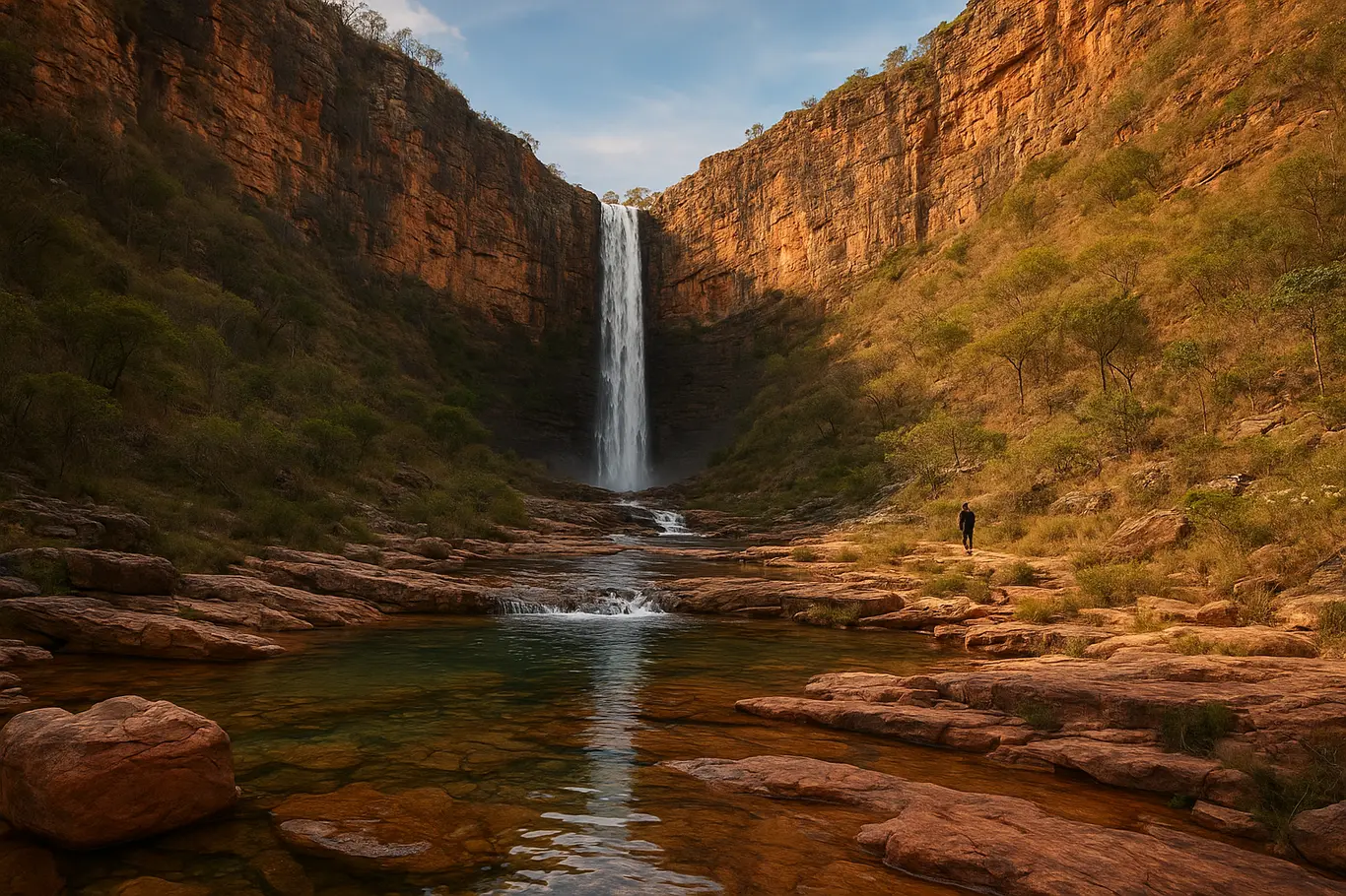 Vista ampla do cânion e da cachoeira de Cavalcante GO com um caminhante distante na trilha