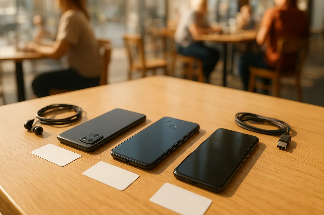 Três celulares econômicos alinhados em mesa de café com acessórios, vista aberta