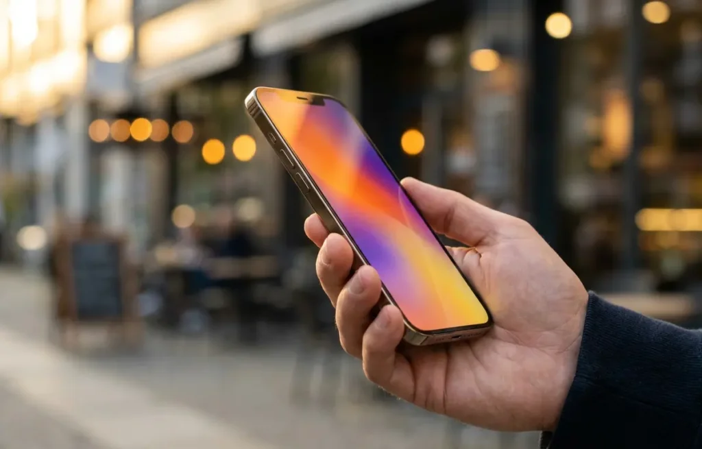 Celular bom e barato em 2026: 6 opções e quanto pagar sem perder desempenho Mão segurando smartphone moderno com fundo de café desfocado, cores quentes