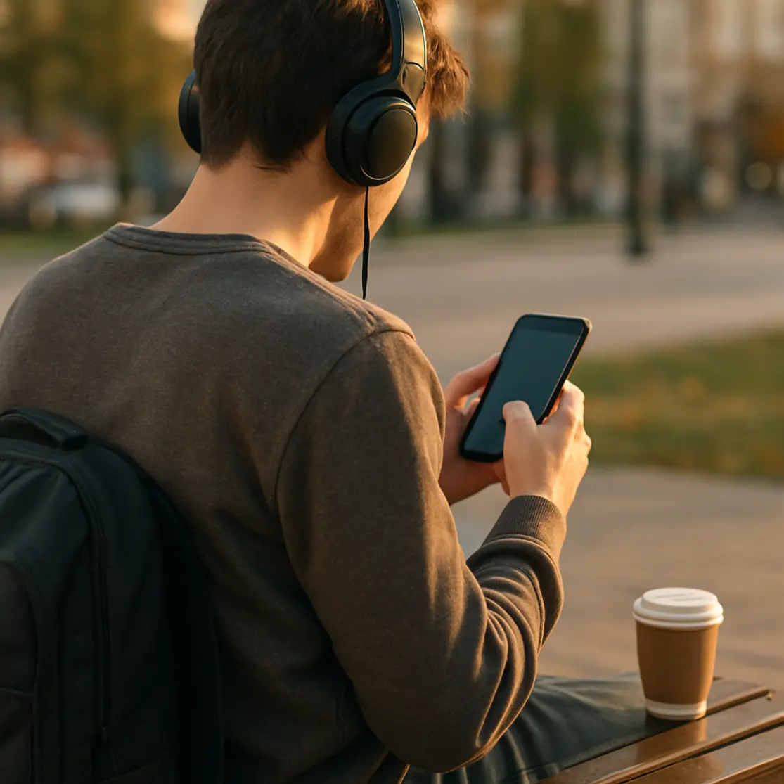 Pessoa de costas usando celular em banco de praça ao entardecer, contexto cotidiano