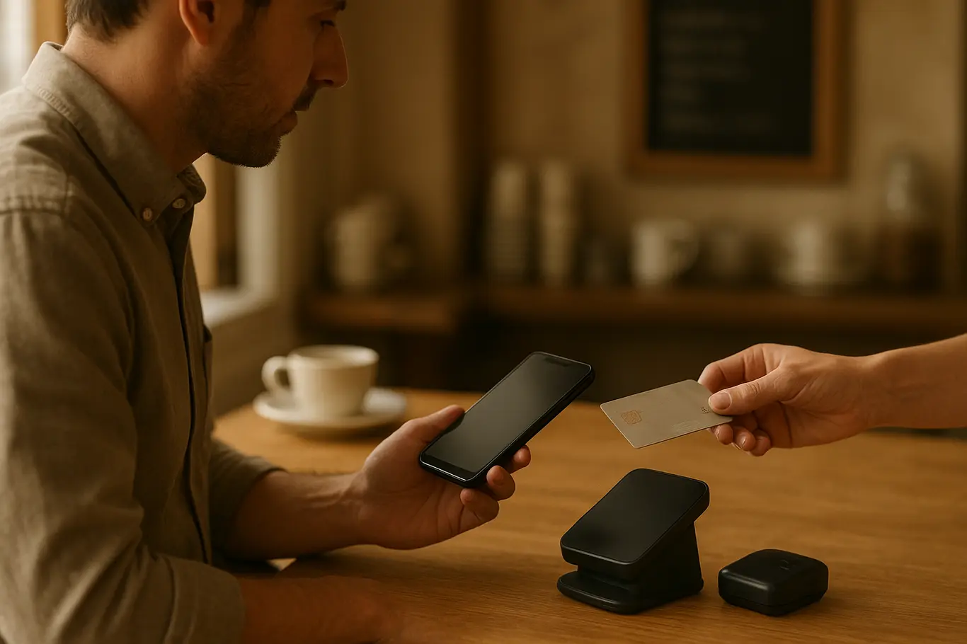 Balcão de café com comerciante usando celular como maquininha, cartão sendo entregue pelo cliente