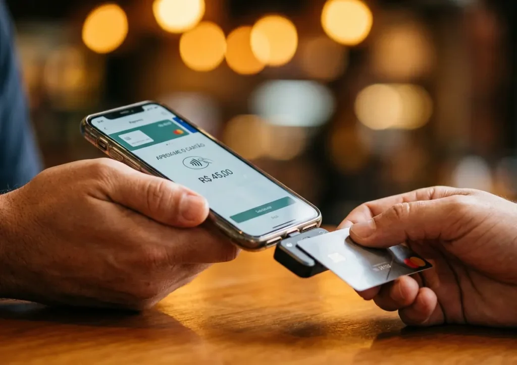 Como fazer celular virar maquininha: opções, custos e segurança Close-up de mãos segurando smartphone com leitor de cartão acoplado, cartão sendo aproximado para pagamento por aproximação