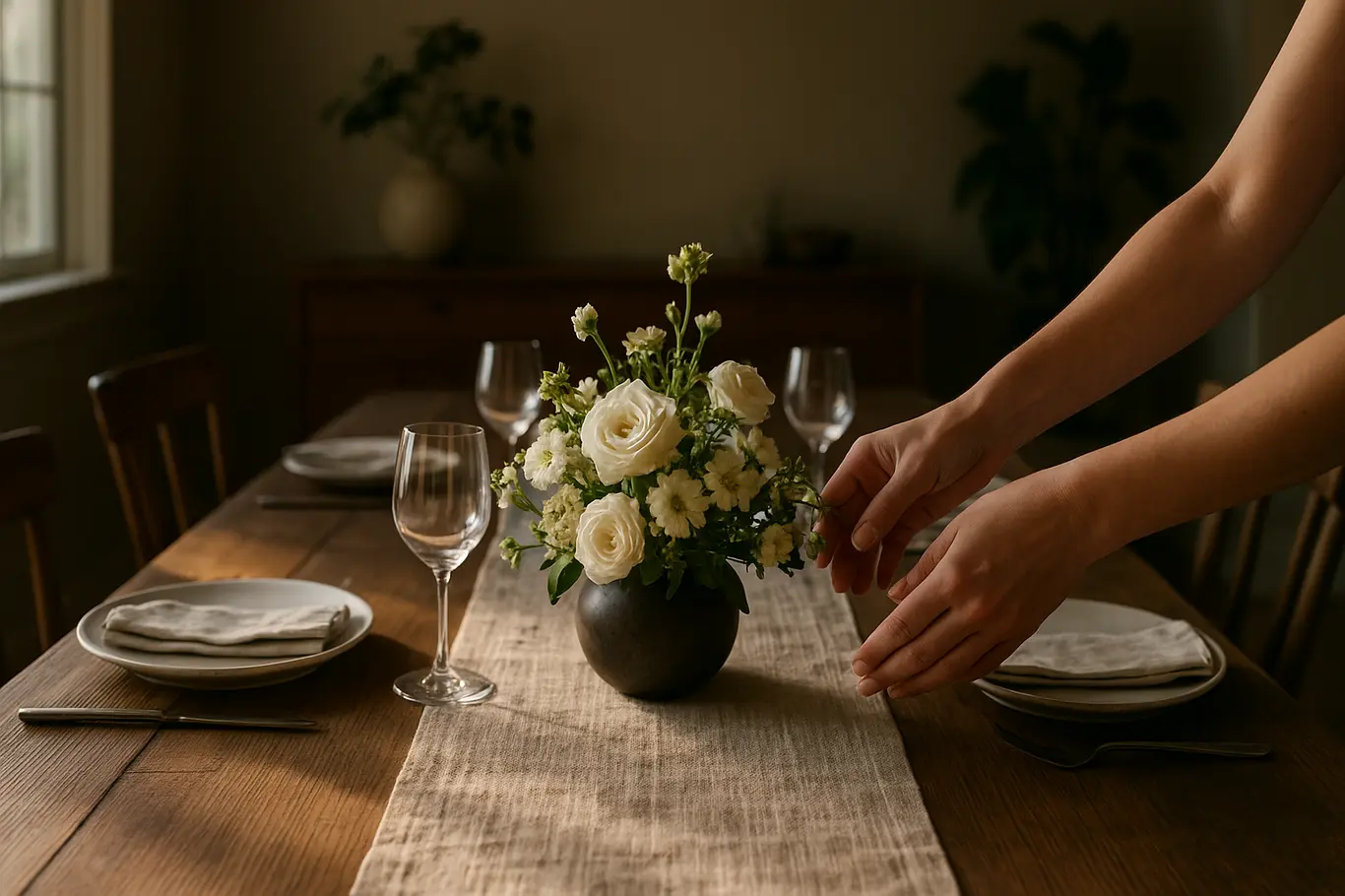 Visão mais ampla da mesa com mãos ajustando um arranjo mais baixo, mostrando relação entre altura do vaso e largura da mesa