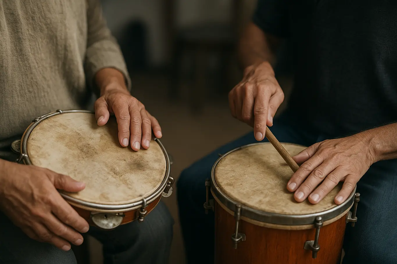 Close-up das mãos tocando pandeiro e repinique, com instrumentos ao fundo