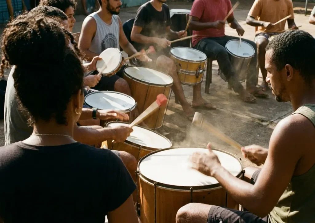 Grupo de percussionistas em oficina ao ar livre vistos de perfil e de costas