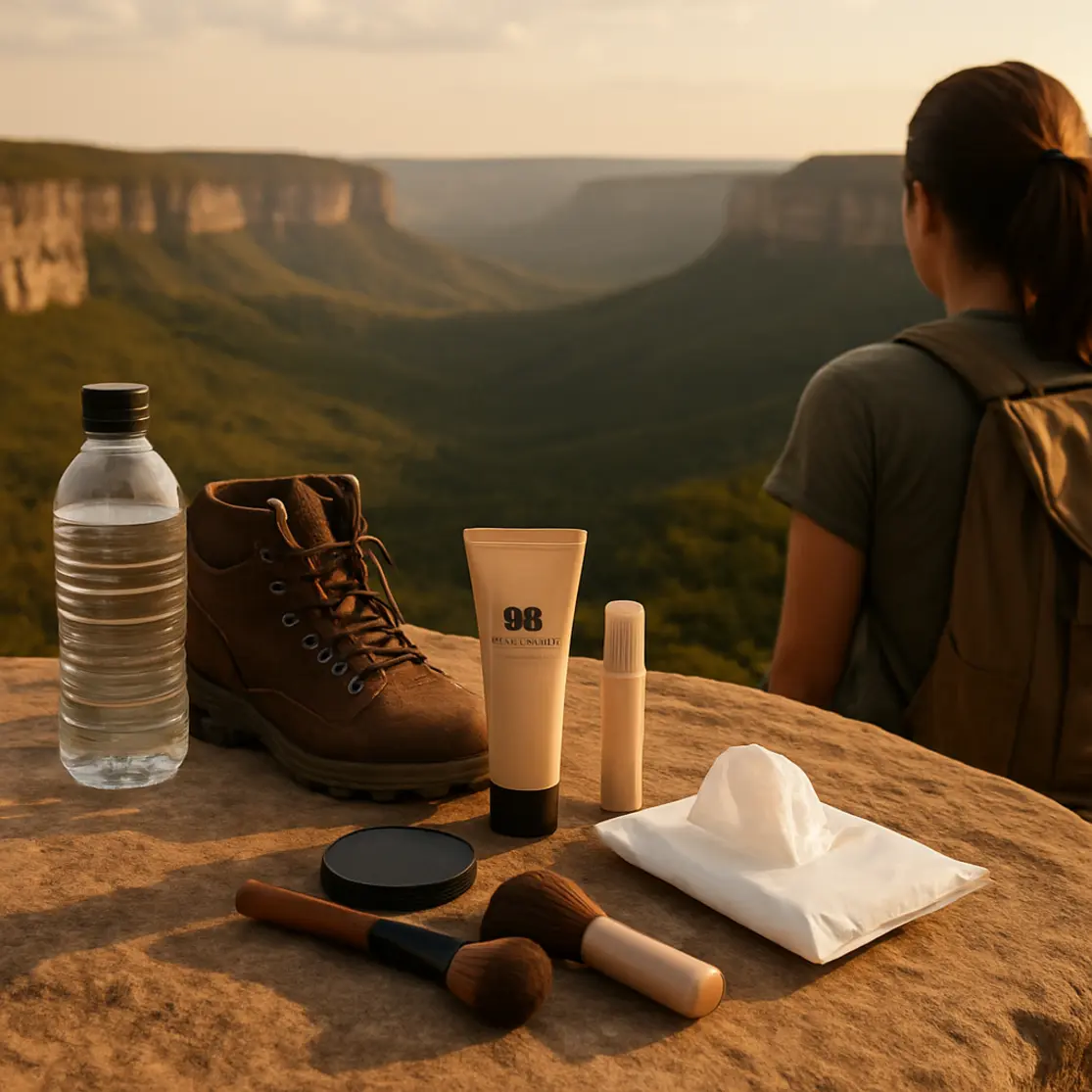Kit de maquiagem de viagem sobre pedra com botas e pessoa de costas observando a Chapada dos Veadeiros