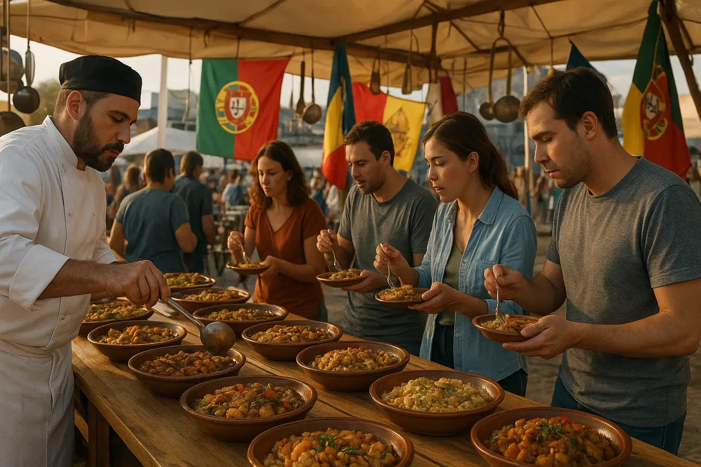 Barraca do festival com travessas de pratos regionais e pessoas de costas provando porções