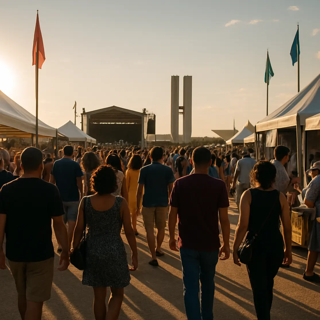 Cena ampla do festival em Brasília com tendas, público de costas e arquitetura ao fundo