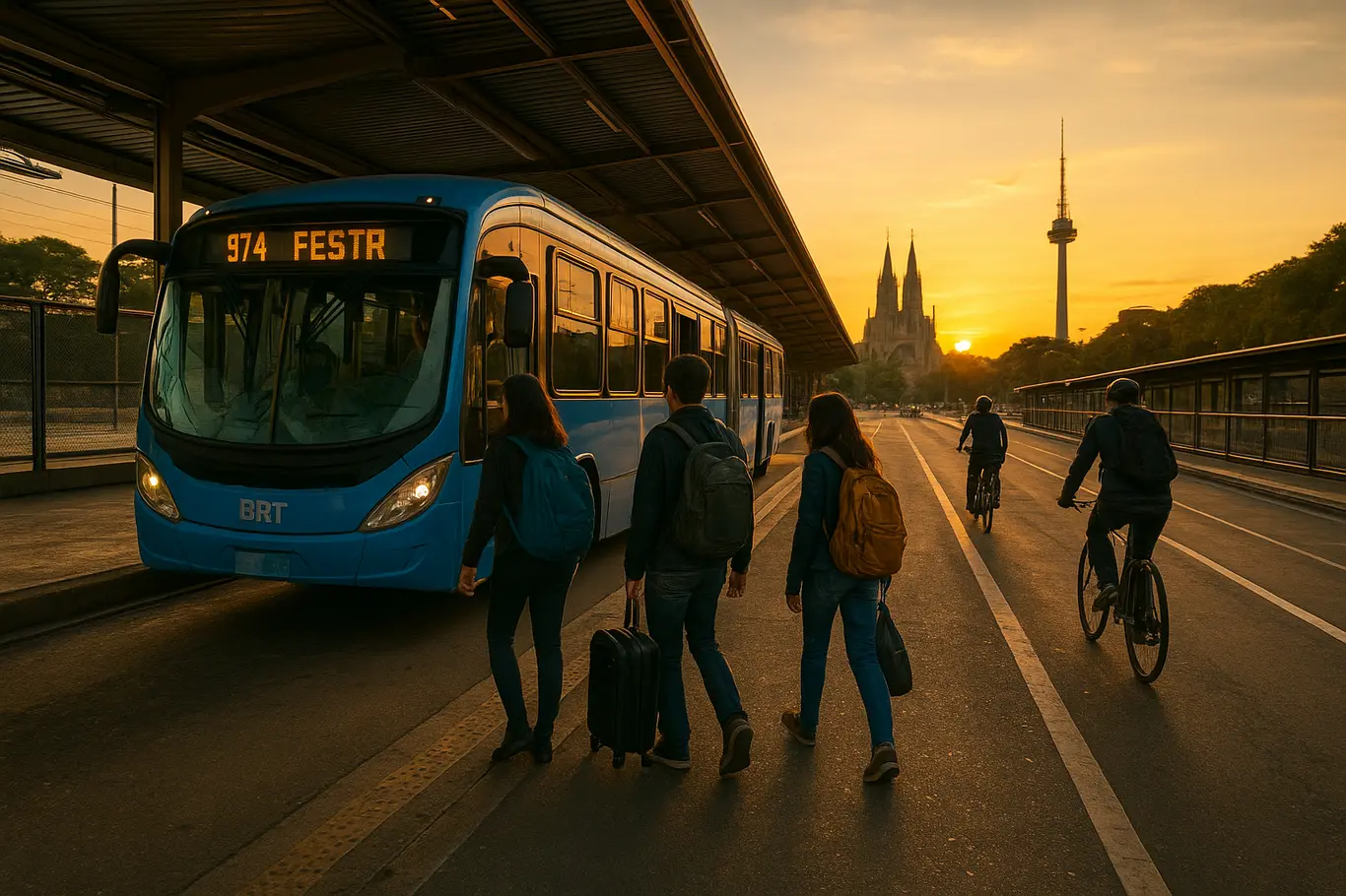 Ponto de embarque do transporte coletivo com ônibus BRT e passageiros ao entardecer