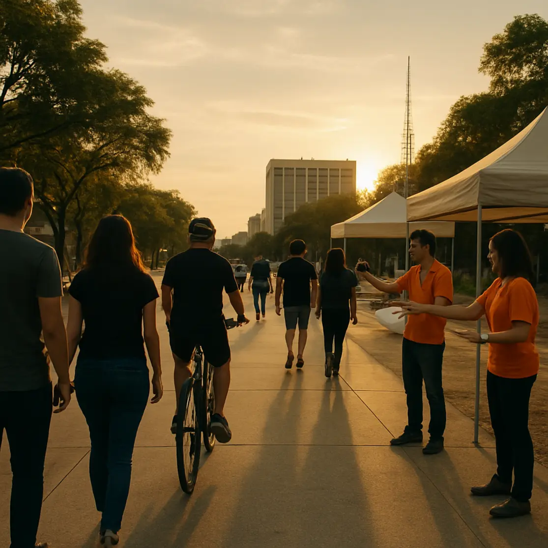 Pedestres e ciclistas seguindo pela Eixo Monumental rumo à festa ao entardecer