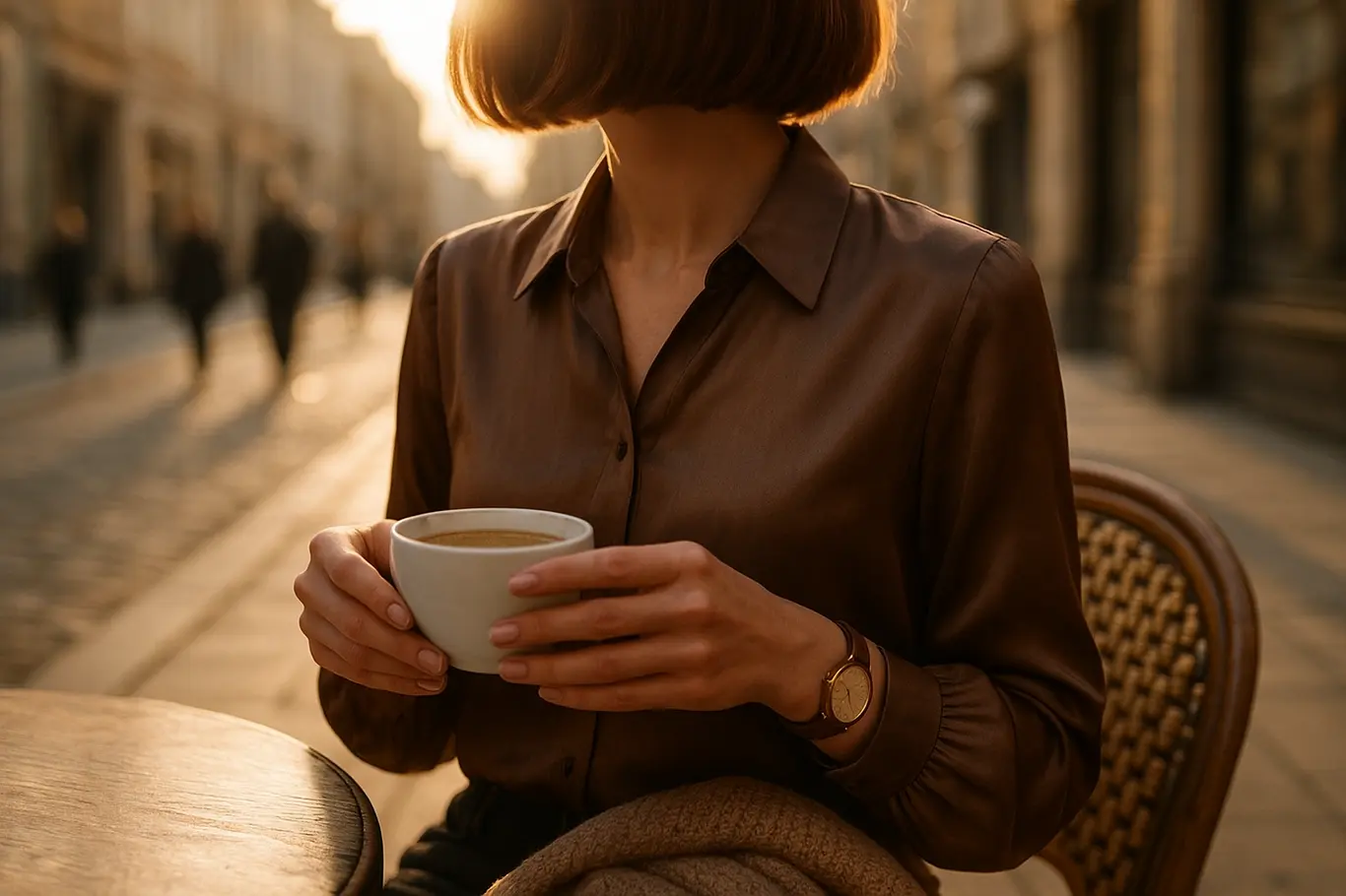 Pessoa sentada em calçada de café histórico com corte bob ruivo, mãos segurando xícara e luz dourada ao fundo.