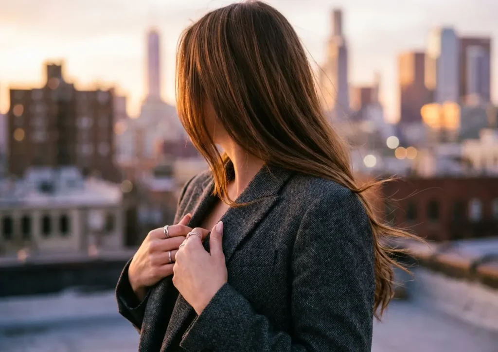 Mulher de três-quartos pelas costas em telhado urbano ao pôr do sol com cabelo castanho brilhante e blazer estruturado.
