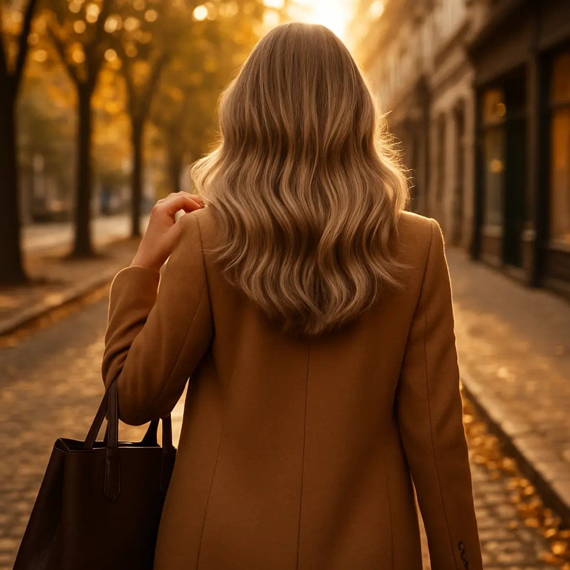 Mulher de costas caminhando em avenida arborizada ao pôr do sol com ondas ash-blonde e casaco camelo.