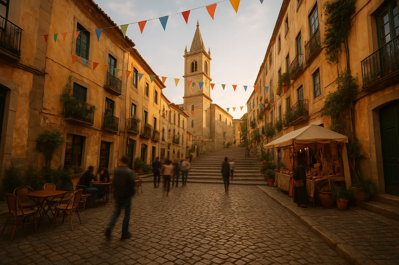 Esquina histórica com torre de igreja, escadaria e mesas de café vista em ângulo amplo