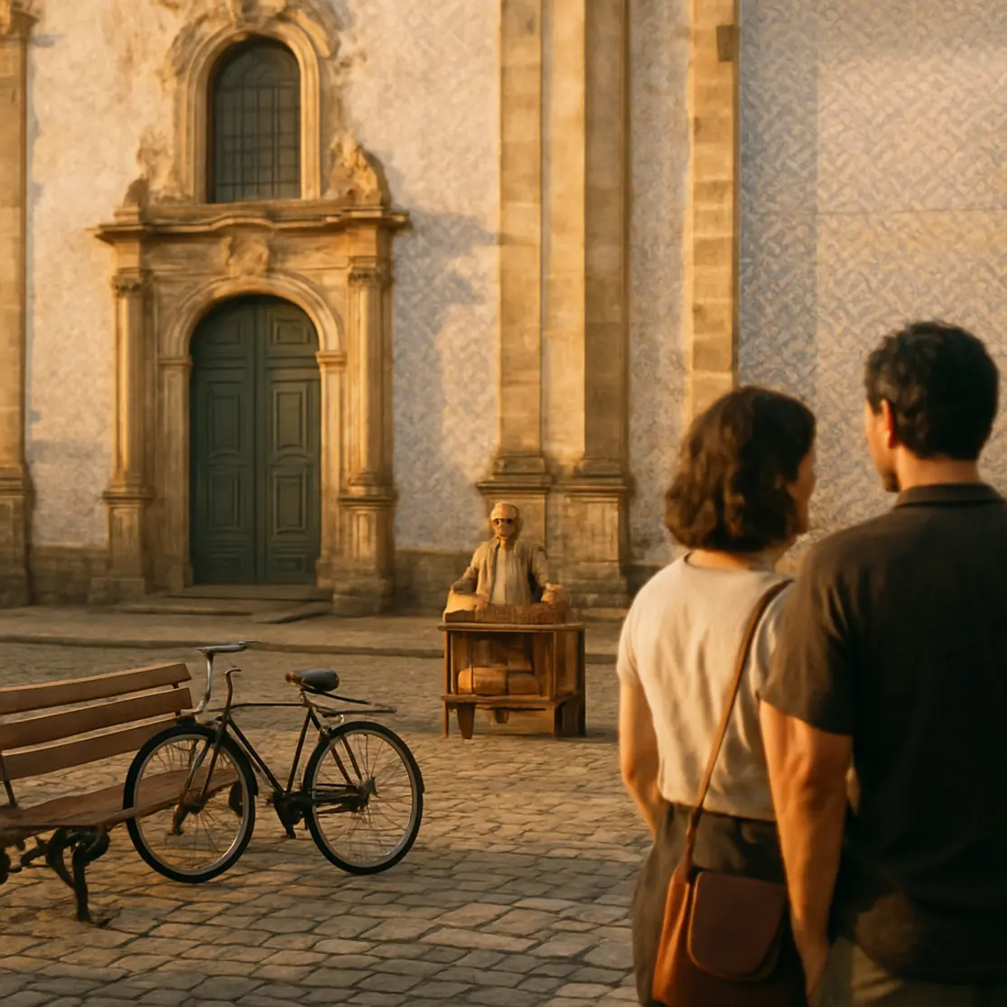 Praça colonial com igreja, bicicleta encostada e pessoas em perfil ao entardecer