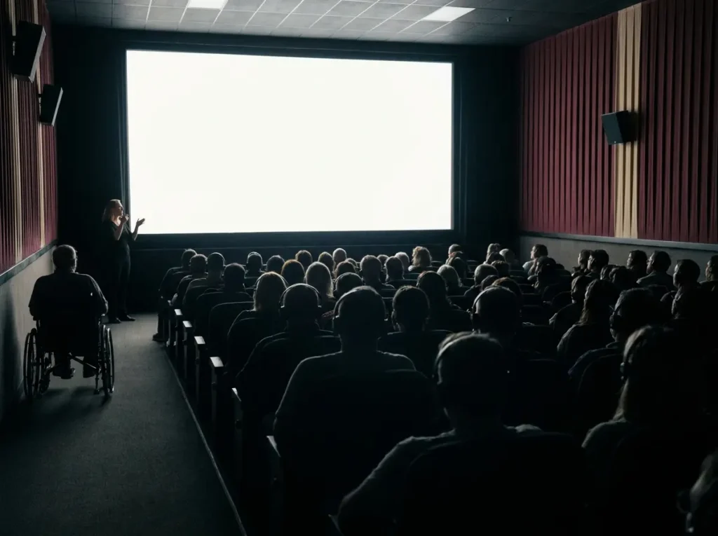 Auditório de cinema visto de costas com intérprete de Libras em perfil, público com fones e pessoa em cadeira de rodas.