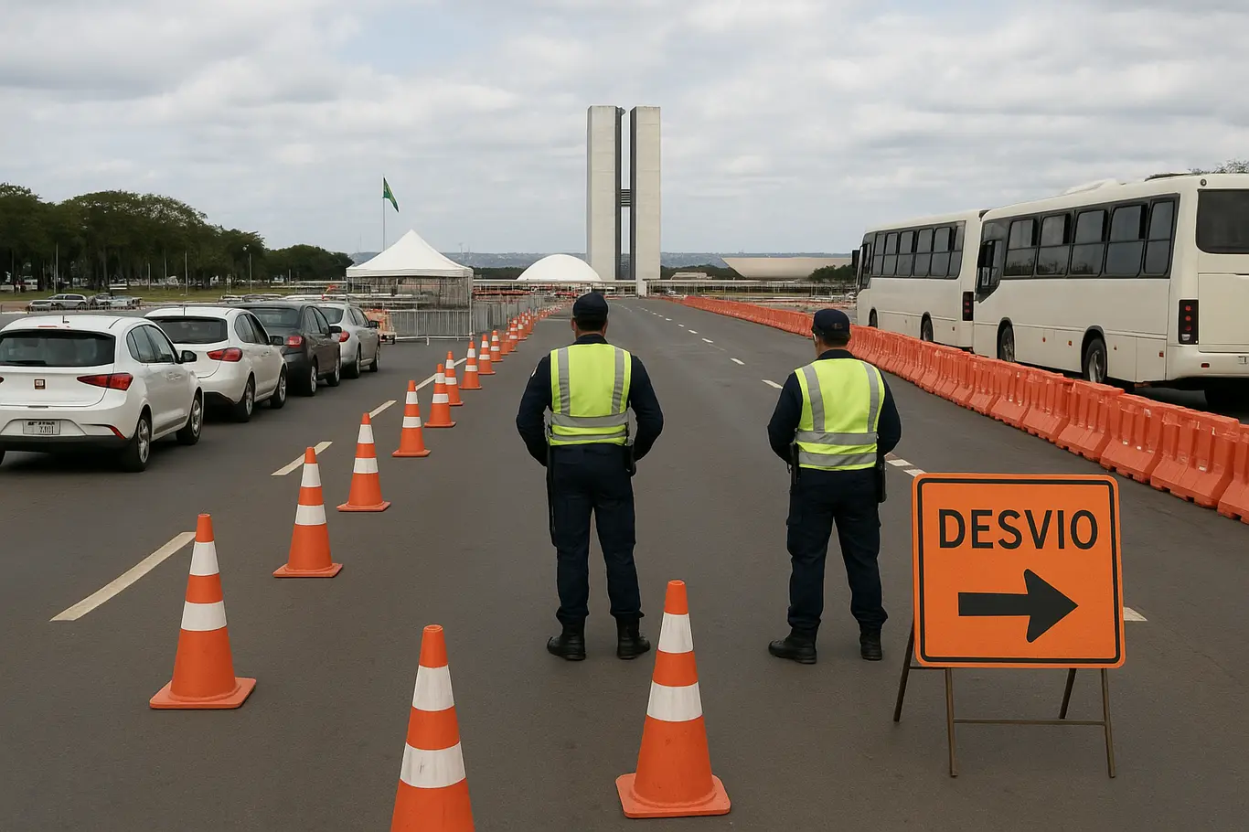 Vista ampla da arena na Esplanada com cones, desvios e carros contornando bloqueio, agentes de trânsito de costas.