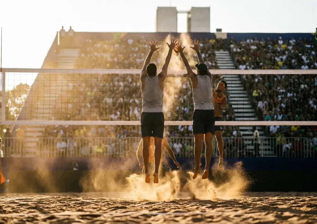Dois jogadores de vôlei de praia em salto para bloqueio, vistos de costas, com o Congresso Nacional ao fundo.