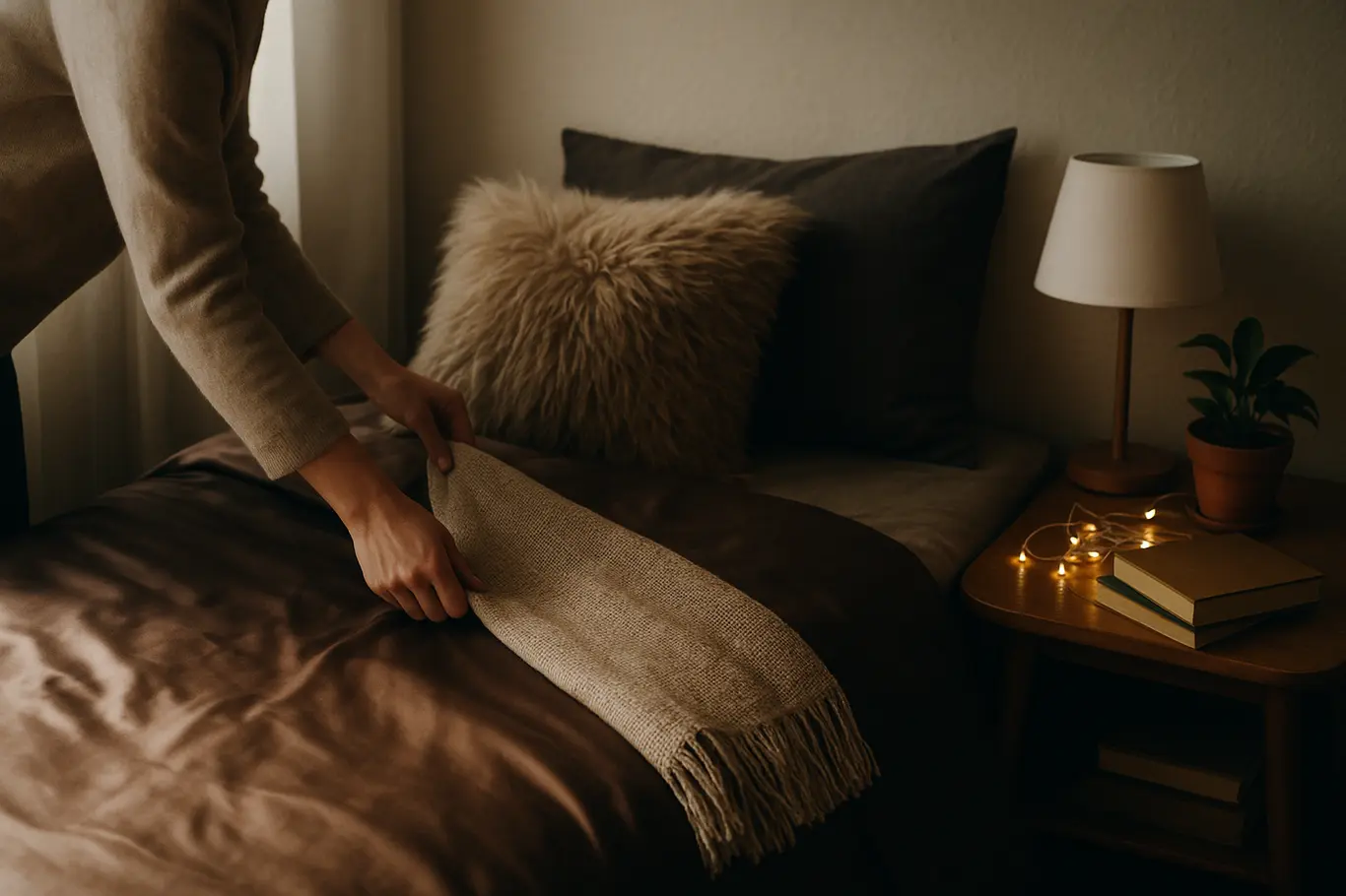 Vista média da cama com tecidos desalinhados, almofadas sintéticas e abajur plástico no criado-mudo.