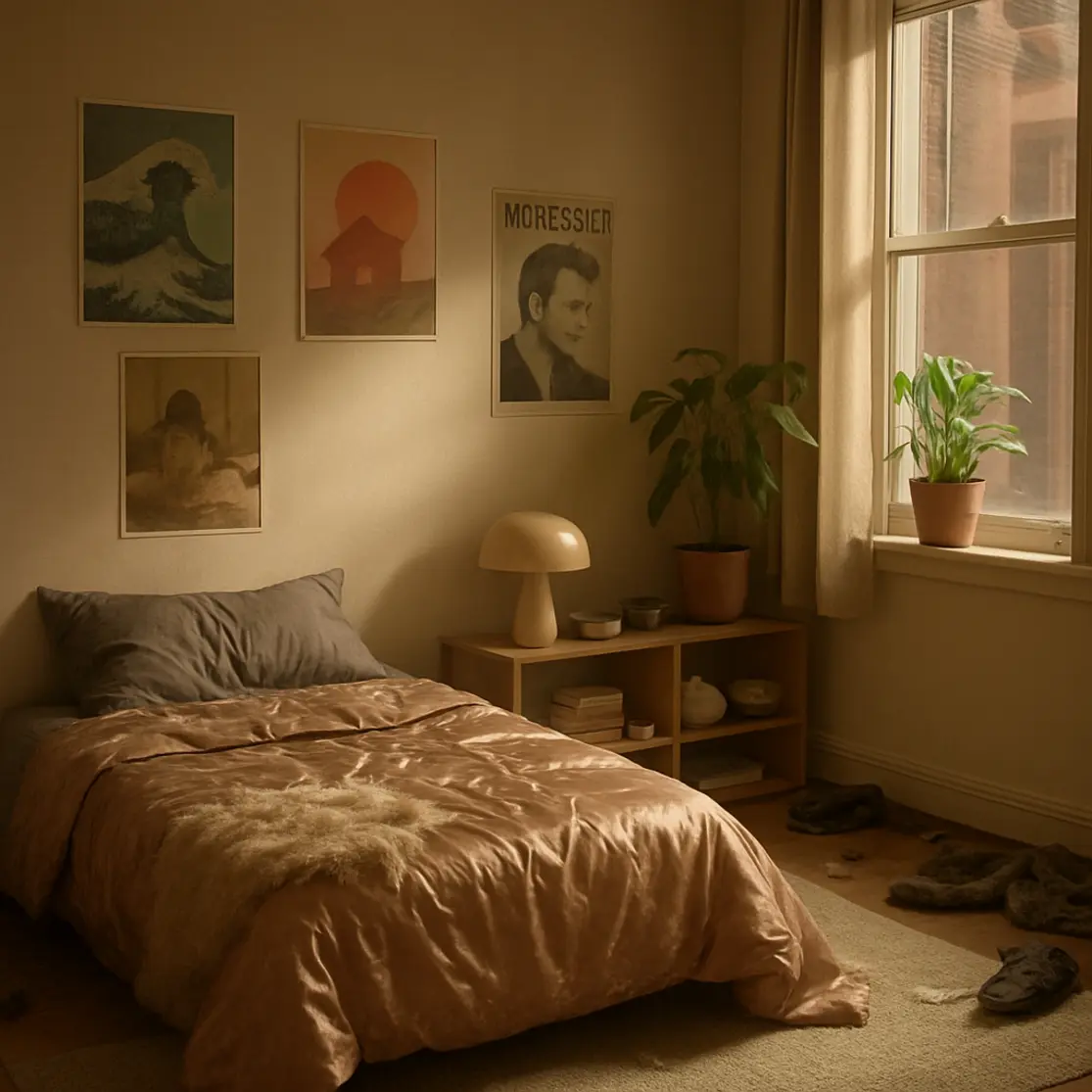 Visão ampla do quarto estilo Tumblr mostrando todo o ambiente e materiais que comprometem a estética.