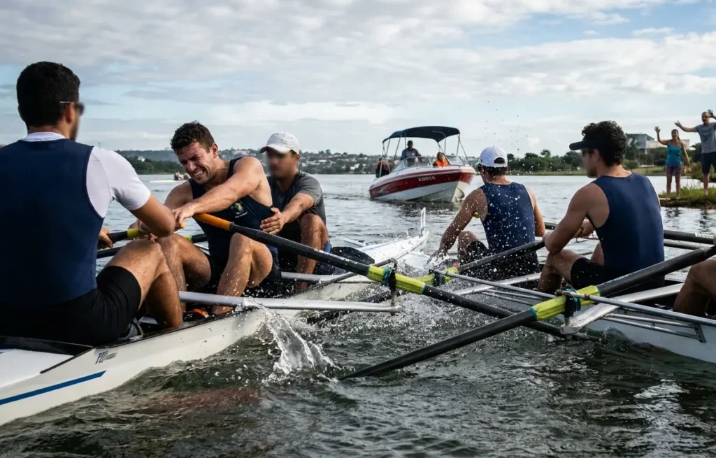 Dois barcos a remo colidindo no Lago Paranoá, homem sendo ajudado por colegas, respingos de água