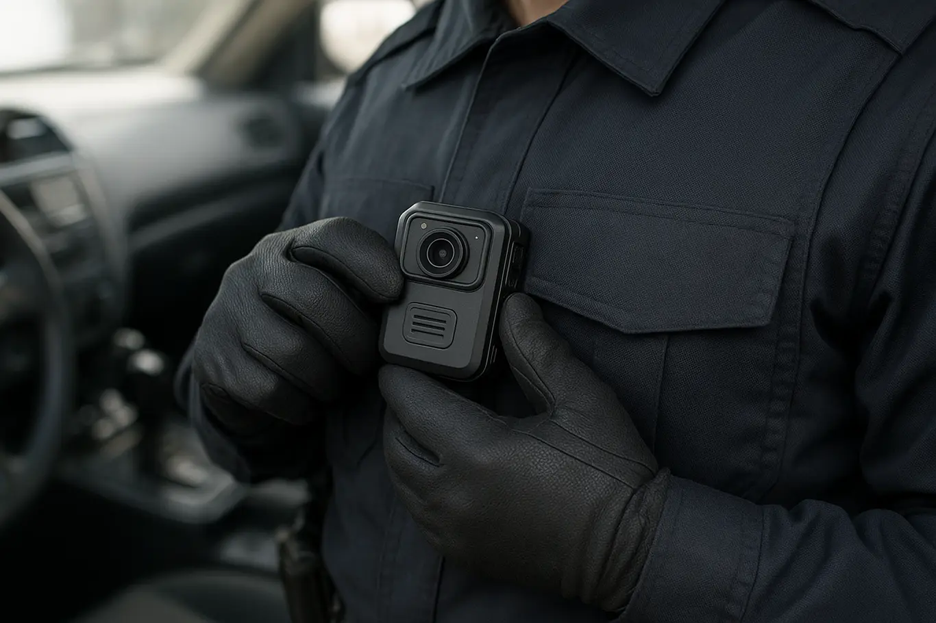Detalhe de mãos fixando câmera corporal em uniforme policial, sem insígnias visíveis