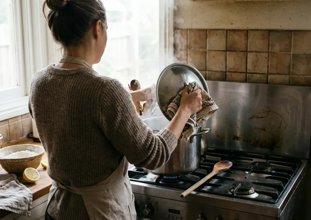 Pessoa de costas abrindo tampa de panela fumegante na cozinha, mãos visíveis e ingredientes para tirar cheiro na bancada.